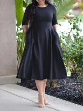 Plus Size 3/4 Sleeve Solid Color Midi Dress GAWE-6309