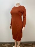 Plus Size Long Sleeve Solid Color Midi Dress GAWE-6299