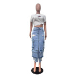 Fashion Multi-pockets Holes Split Denim Long Skirt OD-8696