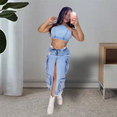 Fashion Multi-pockets Holes Split Denim Long Skirt OD-8696
