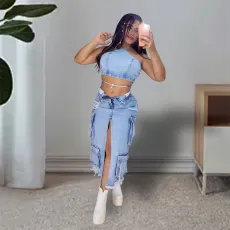 Fashion Multi-pockets Holes Split Denim Long Skirt OD-8696