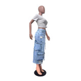 Fashion Multi-pockets Holes Split Denim Long Skirt OD-8696