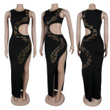 Hollow Out Snake Hot Drill Split Maxi Dress NY-3217