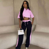 Striped Shirt Top Casual Loose Straight Pants Set SSNF-211465