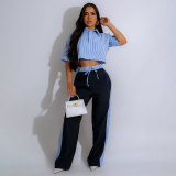 Striped Shirt Top Casual Loose Straight Pants Set SSNF-211465