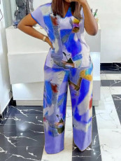 Plus Size Short Sleeve Loose Print Two PIece Pants Set GAWE-6200