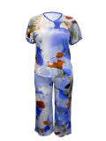 Plus Size Short Sleeve Loose Print Two PIece Pants Set GAWE-6200