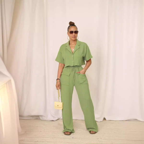 Solid Color Short Sleeve Shirt Two Piece Pants Set HNIF-2411