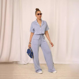 Solid Color Short Sleeve Shirt Two Piece Pants Set HNIF-2411