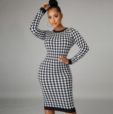 Long Sleeve Hollow Out Houndstooth Print Dress HNIF-208