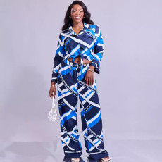 Casual Long Sleeve Print Shirt Wide Leg Pants Set HNIF-2306