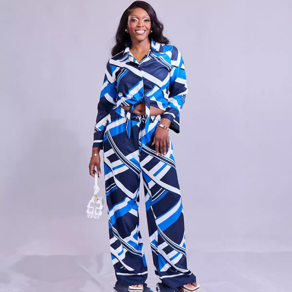 Casual Long Sleeve Print Shirt Wide Leg Pants Set HNIF-2306