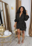 Solid Color Lantern Sleeve Tie Up Mini Dress HNIF-2415