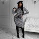 Long Sleeve Hollow Out Houndstooth Print Dress HNIF-208