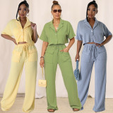 Solid Color Short Sleeve Shirt Two Piece Pants Set HNIF-2411