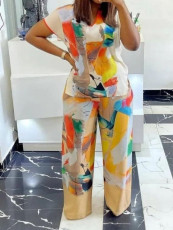 Plus Size Short Sleeve Loose Print Two PIece Pants Set GAWE-6200