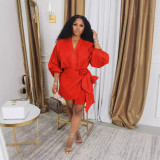 Solid Color Lantern Sleeve Tie Up Mini Dress HNIF-2415