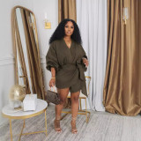 Solid Color Lantern Sleeve Tie Up Mini Dress HNIF-2415