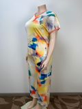 Plus Size Short Sleeve Loose Print Two PIece Pants Set GAWE-6200