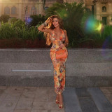 Backless Tie Up Halter Print Maxi Dress XEF-50915