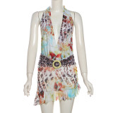 Deep V Neck Tie Up Halter Print Dress XEF-51242