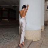 Sexy Halter Backless Solid Color Maxi Dress XEF-50913