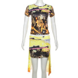 Print Short Sleeve Tops Irregular Skirts Set XEF-50618