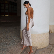 Sexy Halter Backless Solid Color Maxi Dress XEF-50913