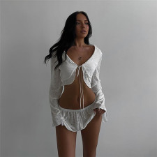 Sexy Tie Cardigan Solid Color Shorts Set XEF-51714