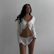 Sexy Tie Cardigan Solid Color Shorts Set XEF-51714