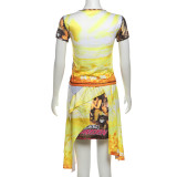Print Short Sleeve Tops Irregular Skirts Set XEF-50618