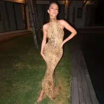Backless Hang Neck Leopard Print Dress XEF-50444