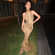 Backless Hang Neck Leopard Print Dress XEF-50444