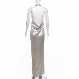 Sexy Halter Backless Solid Color Maxi Dress XEF-50913
