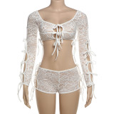 Sexy Tie Up Long Sleeve Crop Top Shorts Set  XEF-51392