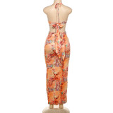 Backless Tie Up Halter Print Maxi Dress XEF-50915