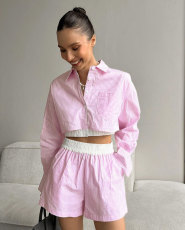 Fashion Stripe Long Sleeve Shorts Two Piece Set SSNF-211466