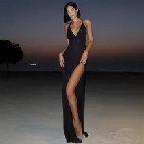 Deep V Neck Backless Split Maxi Dress XEF-50702