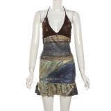 Sexy Backless Small Bustier Printed Bustier Skirt Set XEF-48837