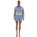 Fashion Stripe Long Sleeve Shorts Two Piece Set SSNF-211466