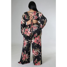 Plus Size Print Tie Up Wide Leg Jumpsuit  ASL-7092