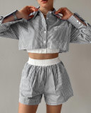 Fashion Stripe Long Sleeve Shorts Two Piece Set SSNF-211466