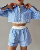 Fashion Stripe Long Sleeve Shorts Two Piece Set SSNF-211466