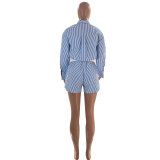 Fashion Stripe Long Sleeve Shorts Two Piece Set SSNF-211466