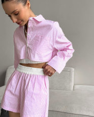 Fashion Stripe Long Sleeve Shorts Two Piece Set SSNF-211466