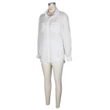 Solid Color See Through Long Sleeve Shirt Shorts Set ZSD-0700