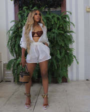 Solid Color See Through Long Sleeve Shirt Shorts Set ZSD-0700
