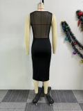 Mesh Patchwork Sleeveless Split Midi Dress NY-10861