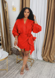 Solid Color V Neck Tie Up MinI Dress SFY-2776
