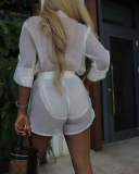 Solid Color See Through Long Sleeve Shirt Shorts Set ZSD-0700